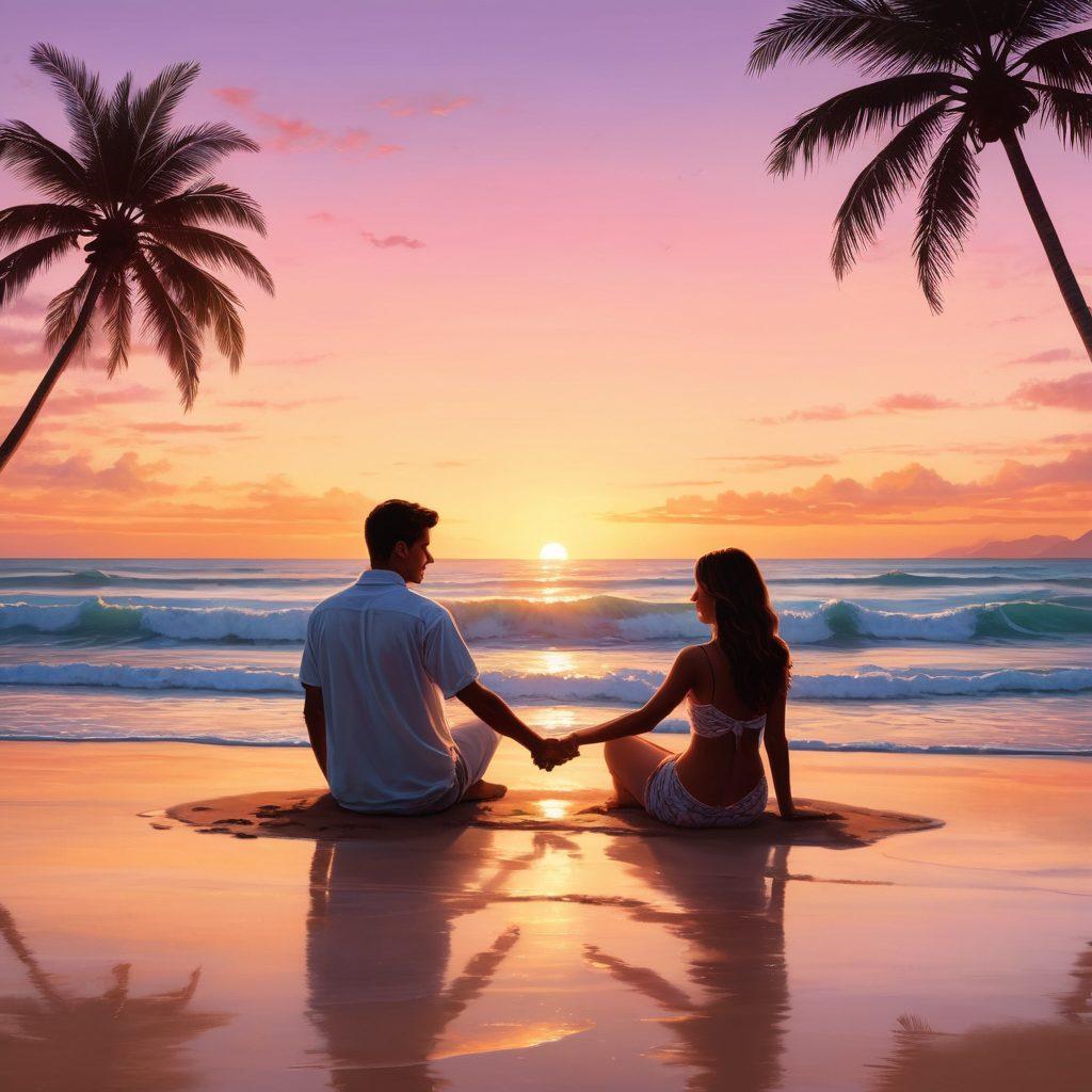 A serene sunset scene with a couple sitting side by side on a beach, holding hands and gazing into the horizon. Elegant heart-shaped waves softly lapping at their feet, with silhouettes of palm trees around them. Subtle elements of adult community symbols, seamlessly integrated into the natural scenery, while maintaining a romantic atmosphere. Soft pastel colors with a warm glow to evoke intimacy and connection. super-realistic. vibrant colors. peaceful background.