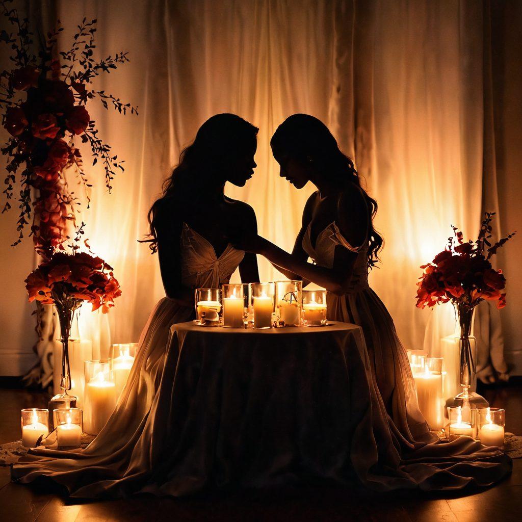 A romantic, candlelit setting featuring two silhouettes leaning towards each other over a low table, surrounded by soft, flowing fabrics and vibrant flowers. Wisps of smoke swirl in the air, hinting at passion and intrigue, while subtle colors create an inviting warmth. The background is blurred, emphasizing the intimate atmosphere. super-realistic. warm tones. soft focus.